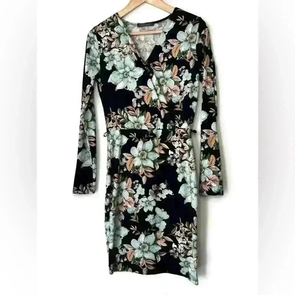 Suzy Shier Womens Floral Black Bodycon  Long Sleeve Wrap Preppy Midi Dress XS